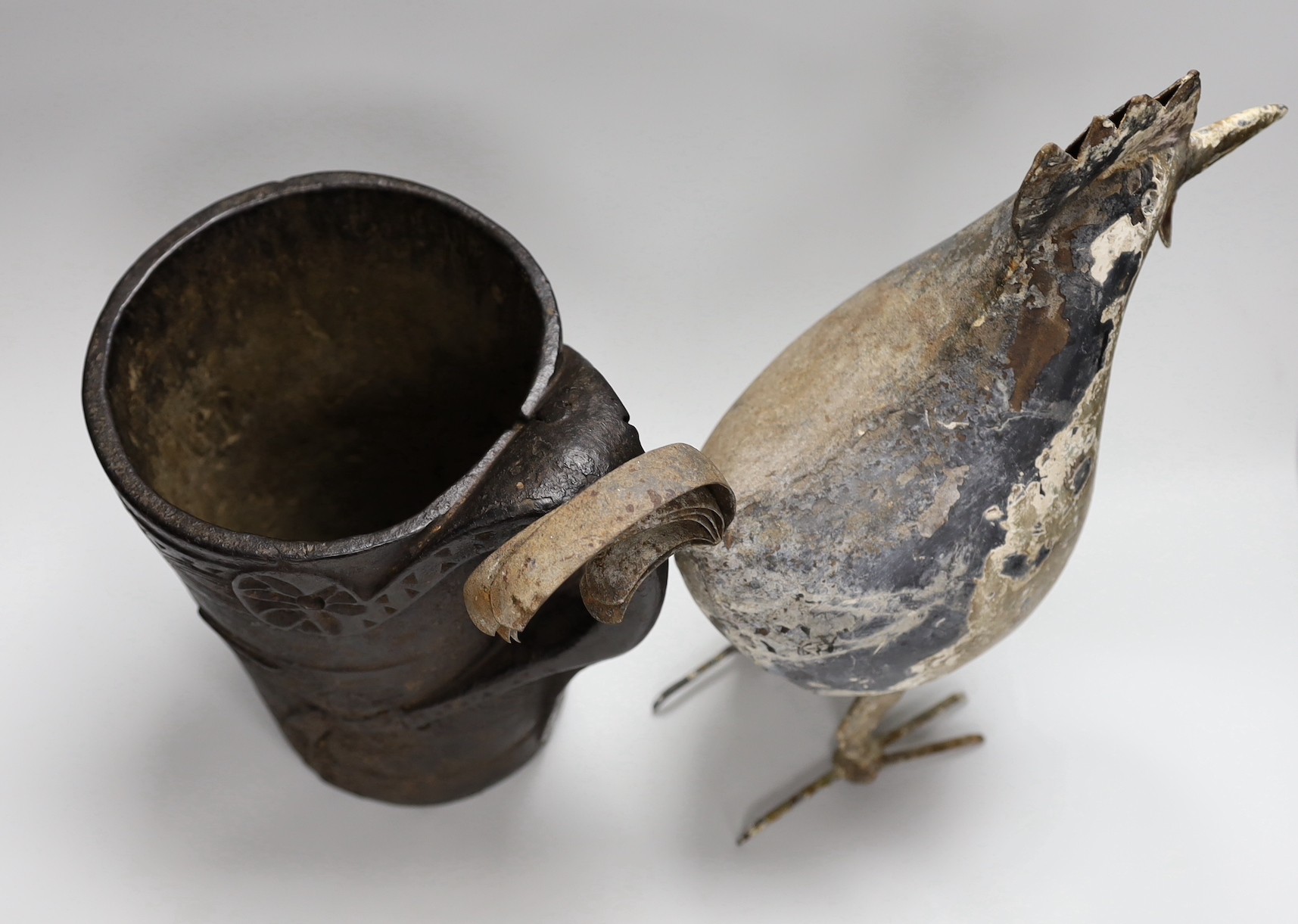 An 18th century Scandinavian carved wood tankard and a 19th century painted tin plated iron model of - Image 4 of 5