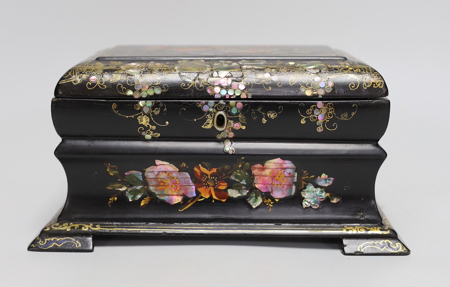 A Victorian painted and mother of pearl inlaid papier mache tea caddy. 23cm wide - Image 2 of 5