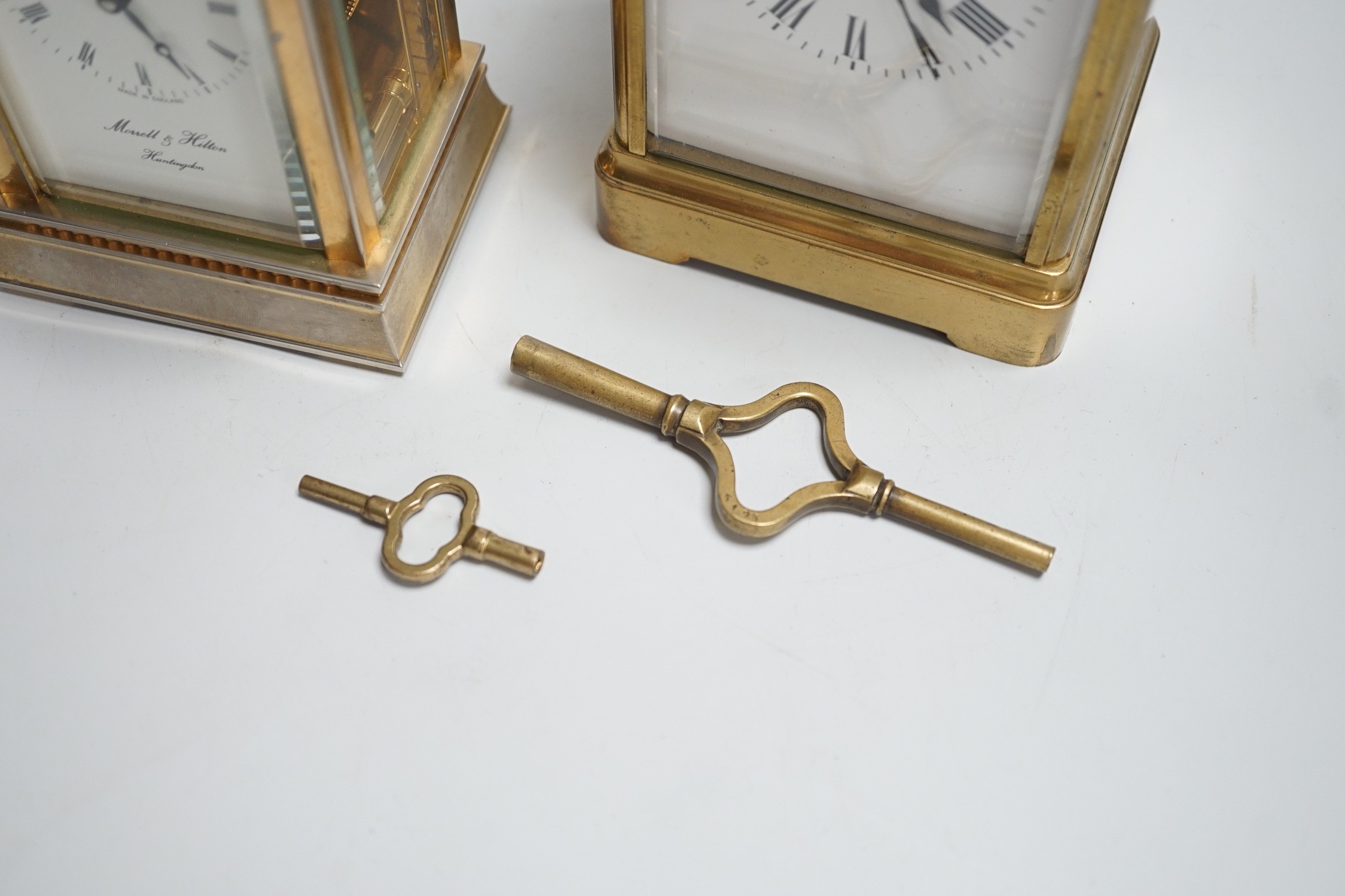 Two English brass carriage clocks with winding keys. Tallest 14.5cm - Image 3 of 8