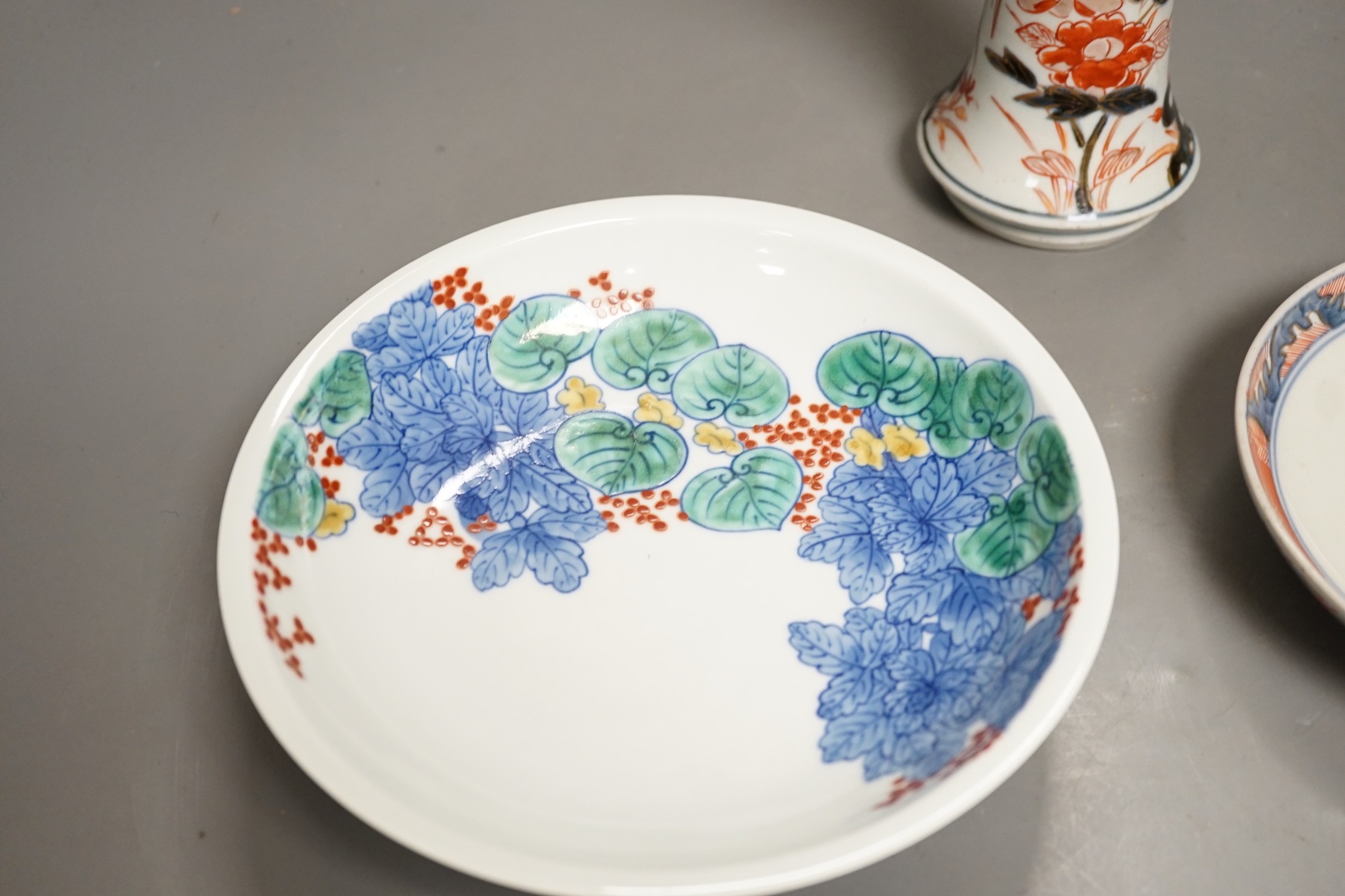 An 18th century Japanese Arita porcelain vase, a Nabeshima style dish and an Arita dish, height of - Image 2 of 6