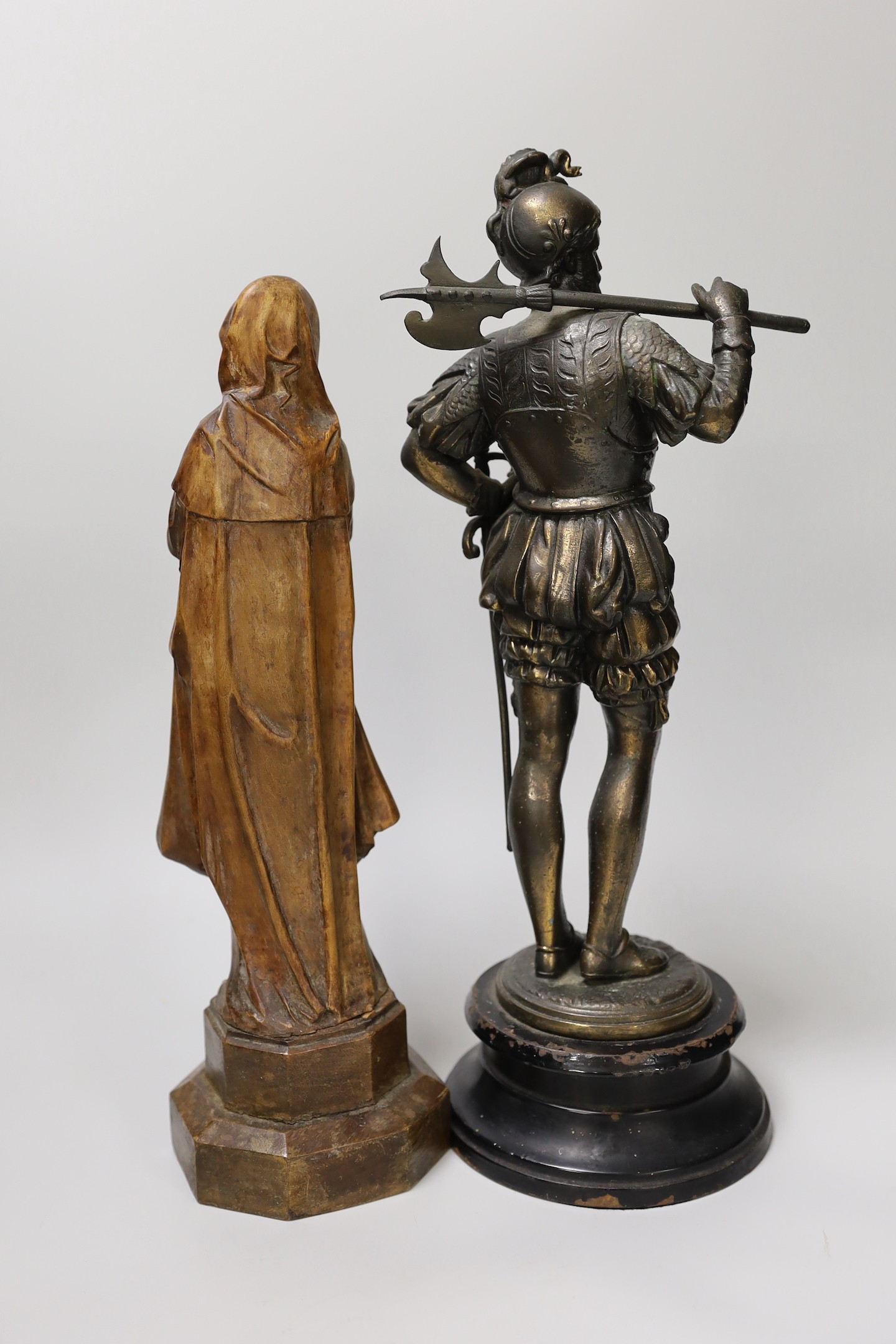 A 19th century carved wood figure of the ‘Virgin of Nuremberg’ together with a spelter figure of a - Image 2 of 2