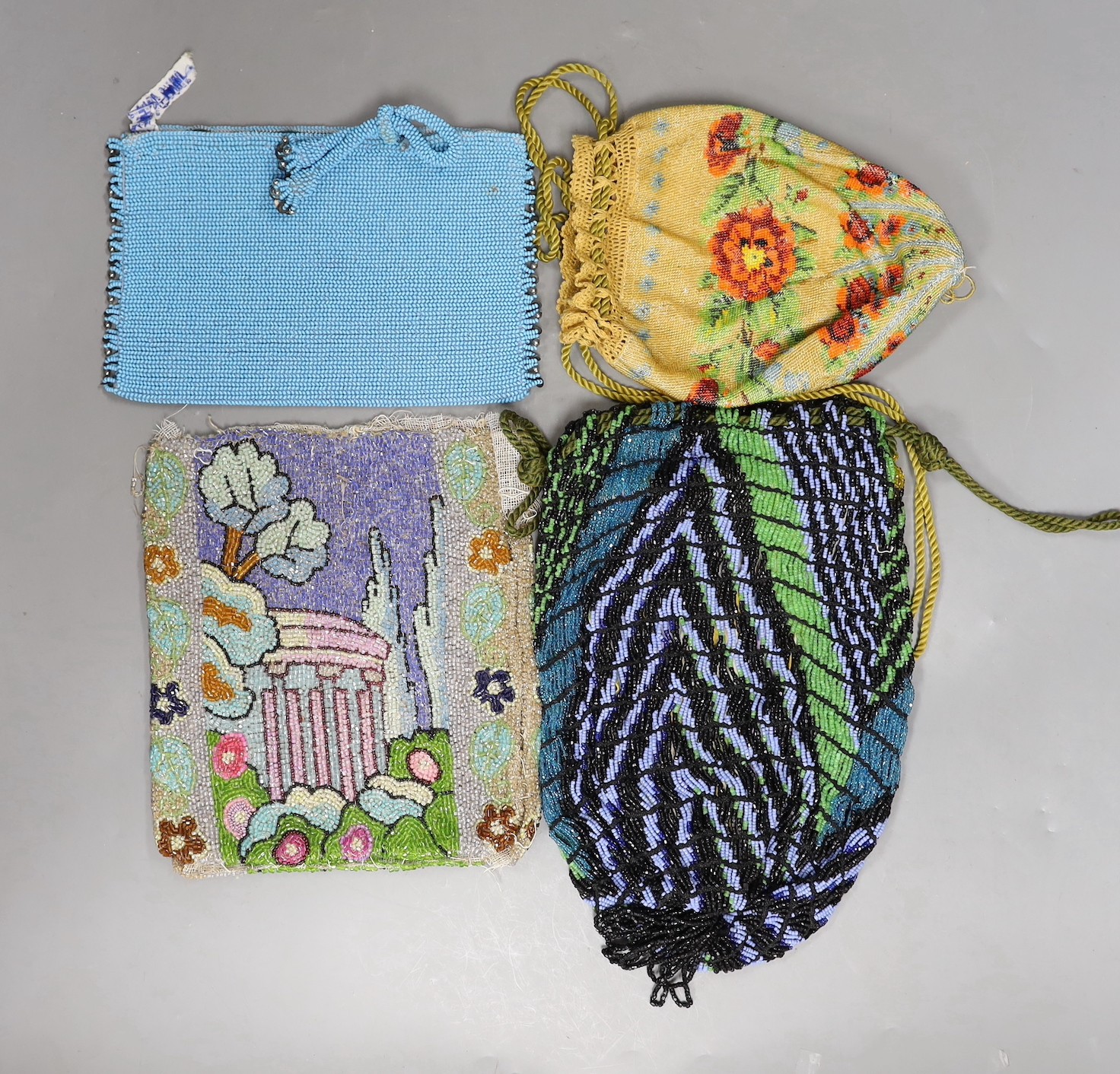 A late 19th century floral bead worked drawstring bag, a later jazz age beaded bag, a turquoise - Image 2 of 9