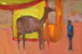 Paul Bassingthwaighte (b.1963), oil on canvas, Figure standing beside a camel, 21 x 31cm