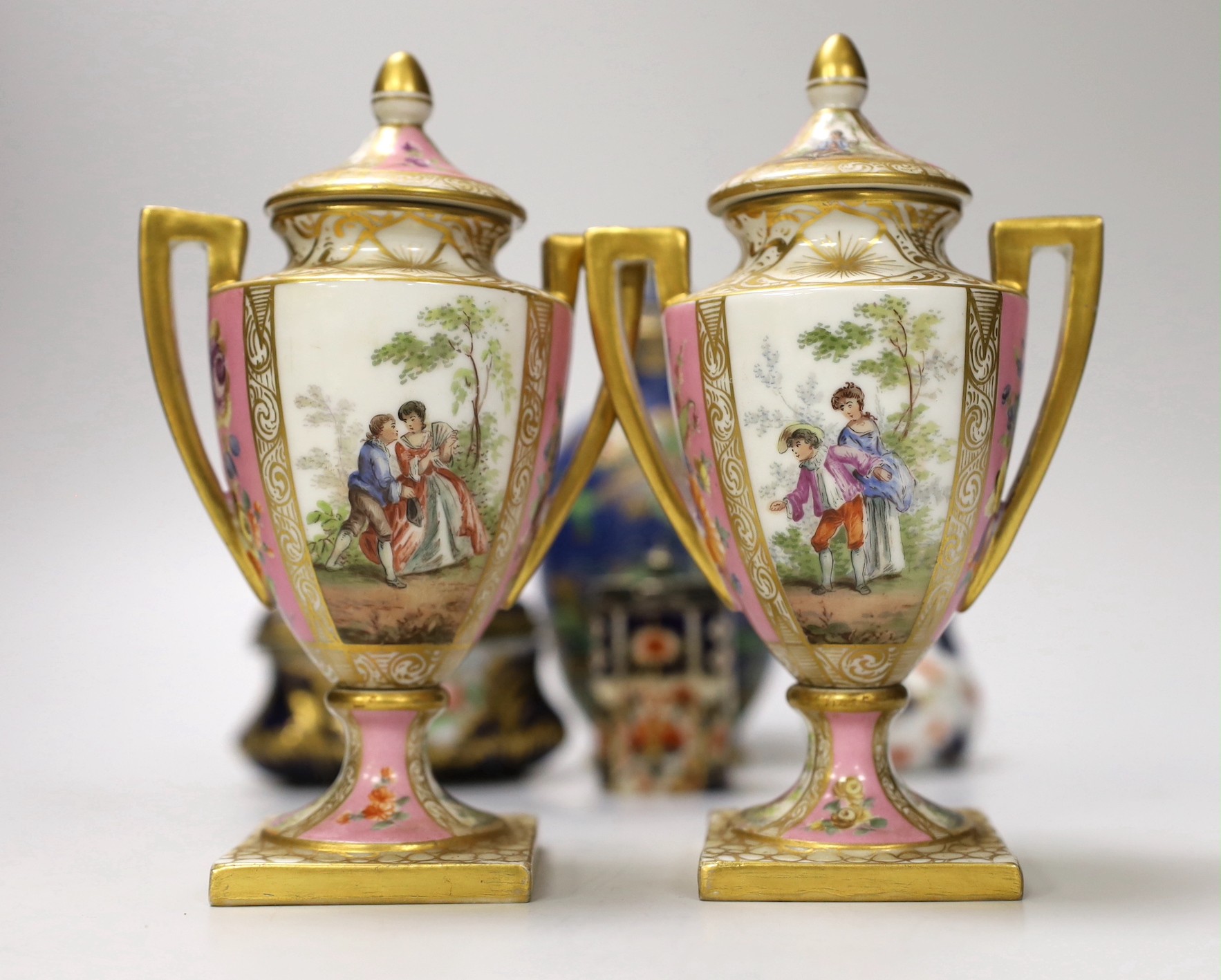 A pair of Vienna style porcelain pink ground vases, late 19th century, a Sevres style trinket box, - Image 2 of 9