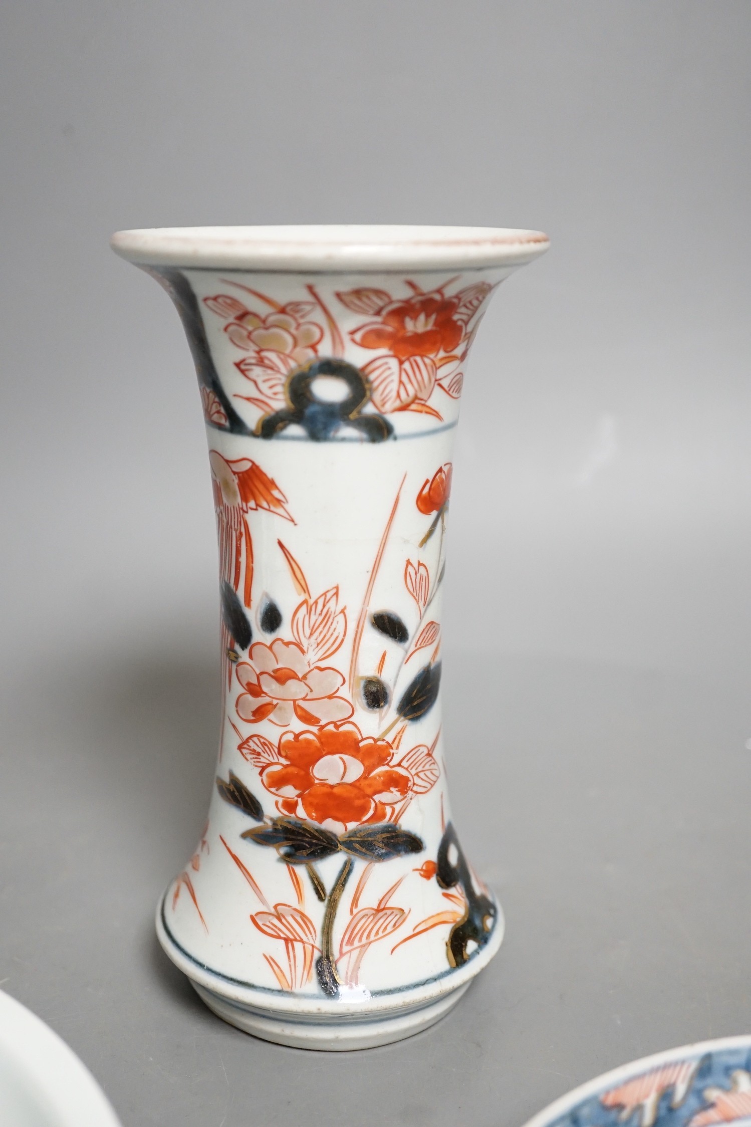 An 18th century Japanese Arita porcelain vase, a Nabeshima style dish and an Arita dish, height of - Image 4 of 6