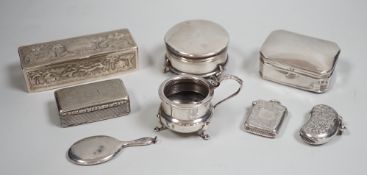 A collection of small silver items including two trinket boxes, a damaged mustard pot, two vesta