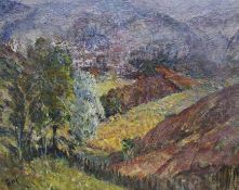 Gerald Moira (1867-1959), oil on board, 'Welsh Valley', signed with RI Exhibition label verso, 61
