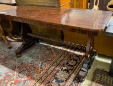 A late Regency rectangular rosewood centre table with spiral turned centre stretcher, width 147cm,