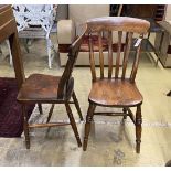 A set of six Victorian elm and beech Windsor lathe back kitchen chairs together with a circular part