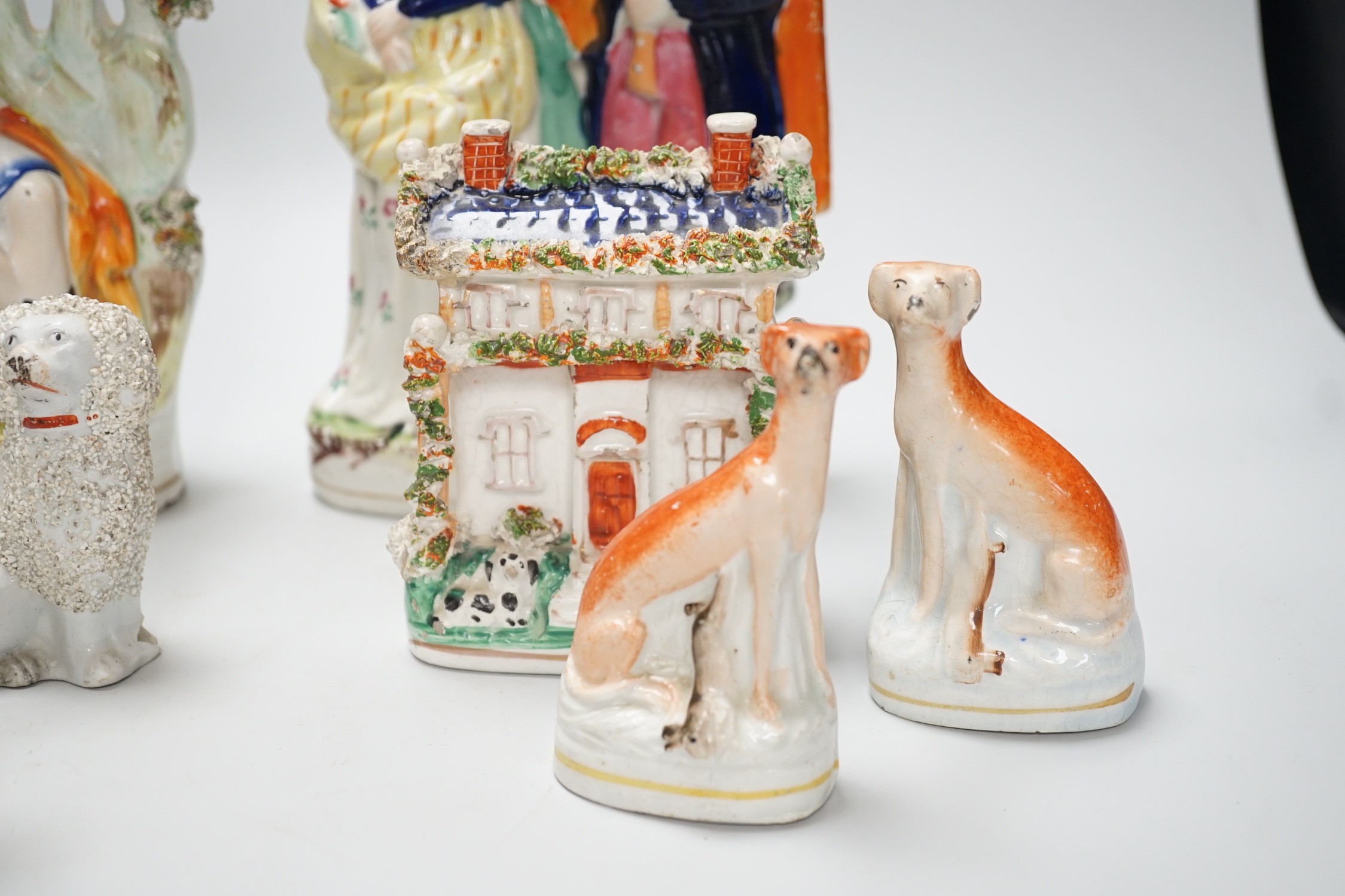 A selection of Staffordshire figure groups, greyhounds, spaniels, etc. tallest 26.5cm - Image 3 of 6