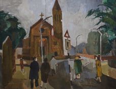 Modern British, oil on canvas, Street scene with figures and church, 70 x 91cm, unframed