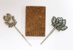 A 19th century Chinese export sandalwood card case and two metal hairpins, card case 11cms high