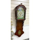 A Dutch oak wall clock with arched painted dial, height 130cm