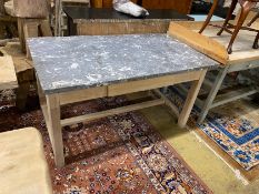An early 20th century Continental bleached oak kitchen table with rectangular marble top, width