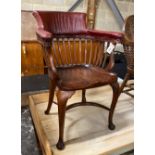 A Victorian mahogany part upholstered desk chair with saddle seat and crinoline stretcher, width