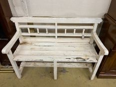 A white-painted teak garden bench, length 127cm, depth 54cm, height 90cm