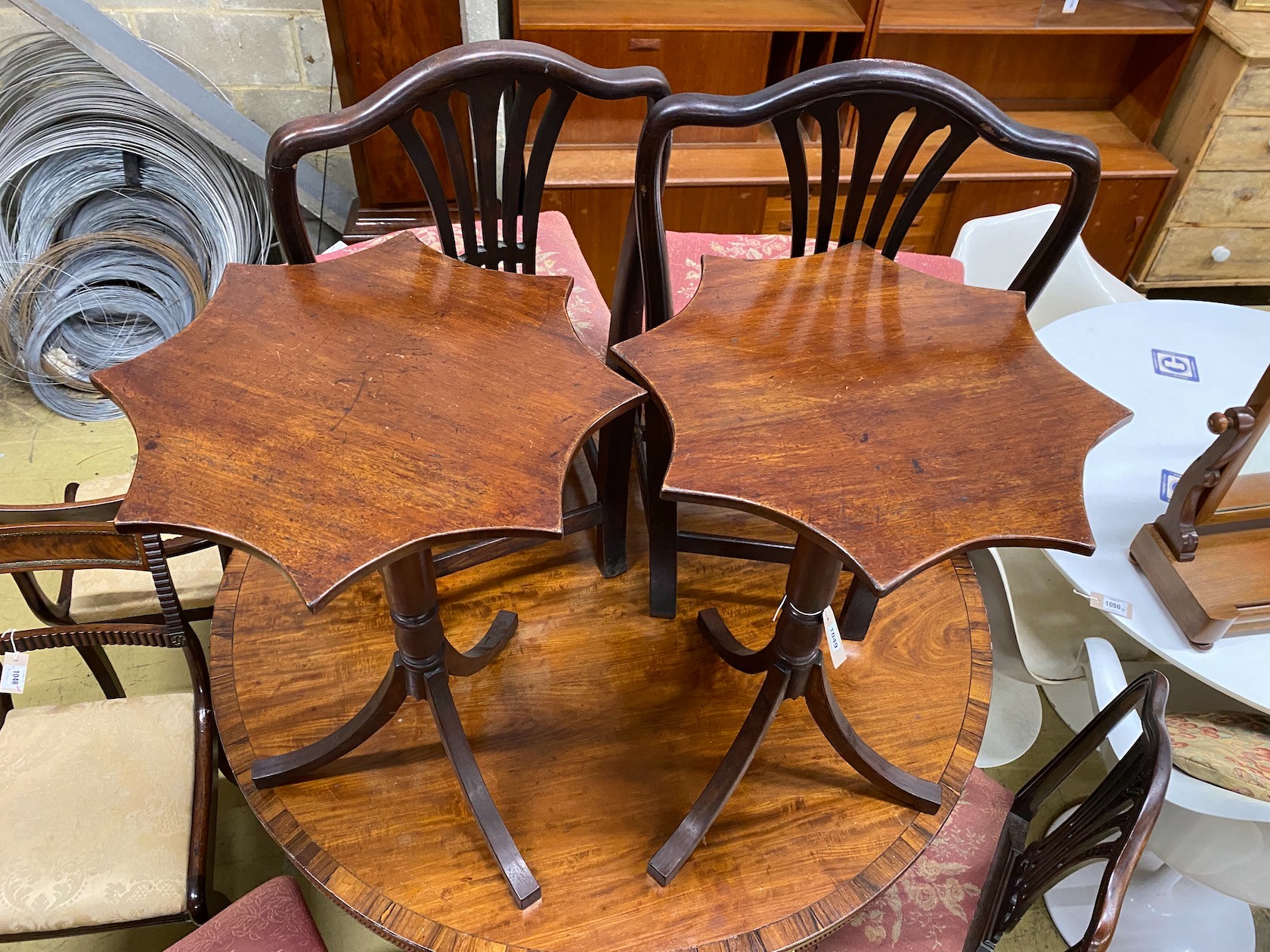 A pair of Regency style mahogany tripod wine tables with shaped circular tops, width 50cm, height - Image 2 of 2