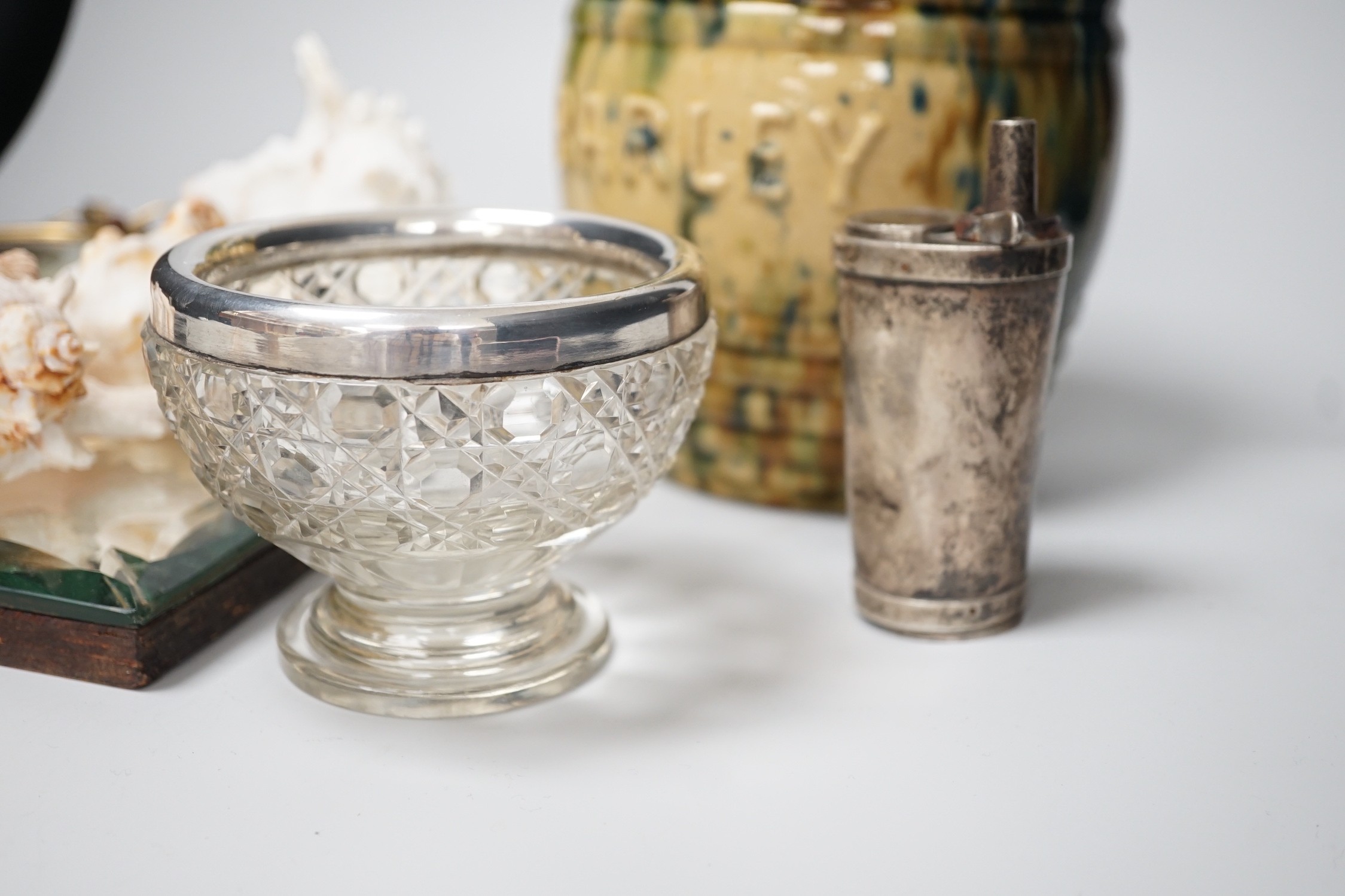 Miscellaneous items including mottled ceramic barley jar, an American miniature timepiece, silver - Image 7 of 7