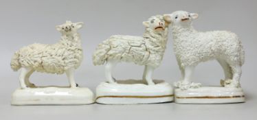 Three small Staffordshire models of standing sheep, c.1830-50. Longest 7cmProvenance: Dennis G.