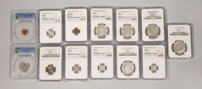 British India coins, NGC slabbed and graded - 1 rupee 1943 B, type D/4 six leaf lotus, AU58, four