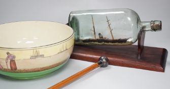 A Royal Doulton series ware bowl, a ship in a bottle and a Gordon Highlanders white metal mounted
