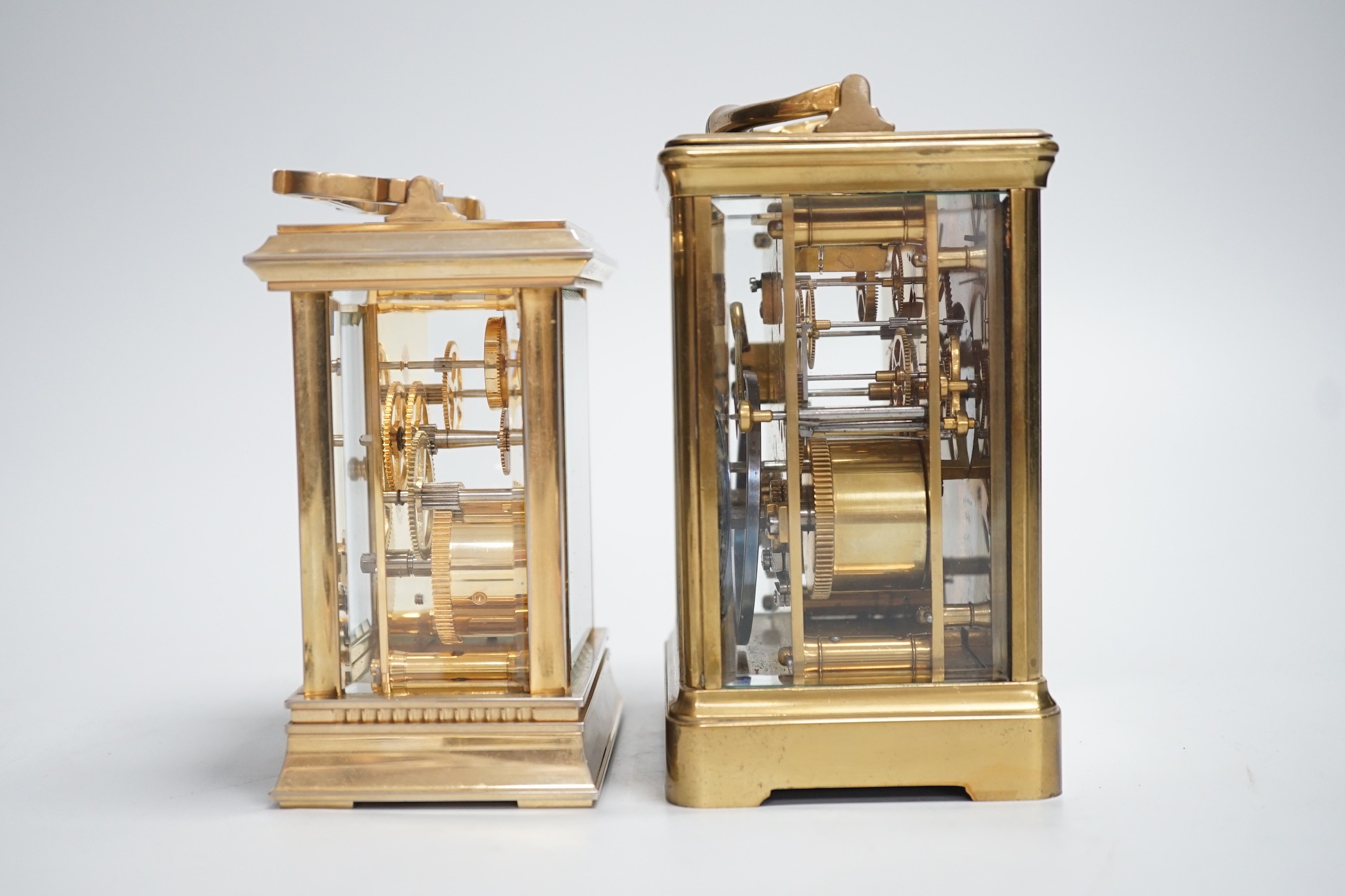 Two English brass carriage clocks with winding keys. Tallest 14.5cm - Image 6 of 8