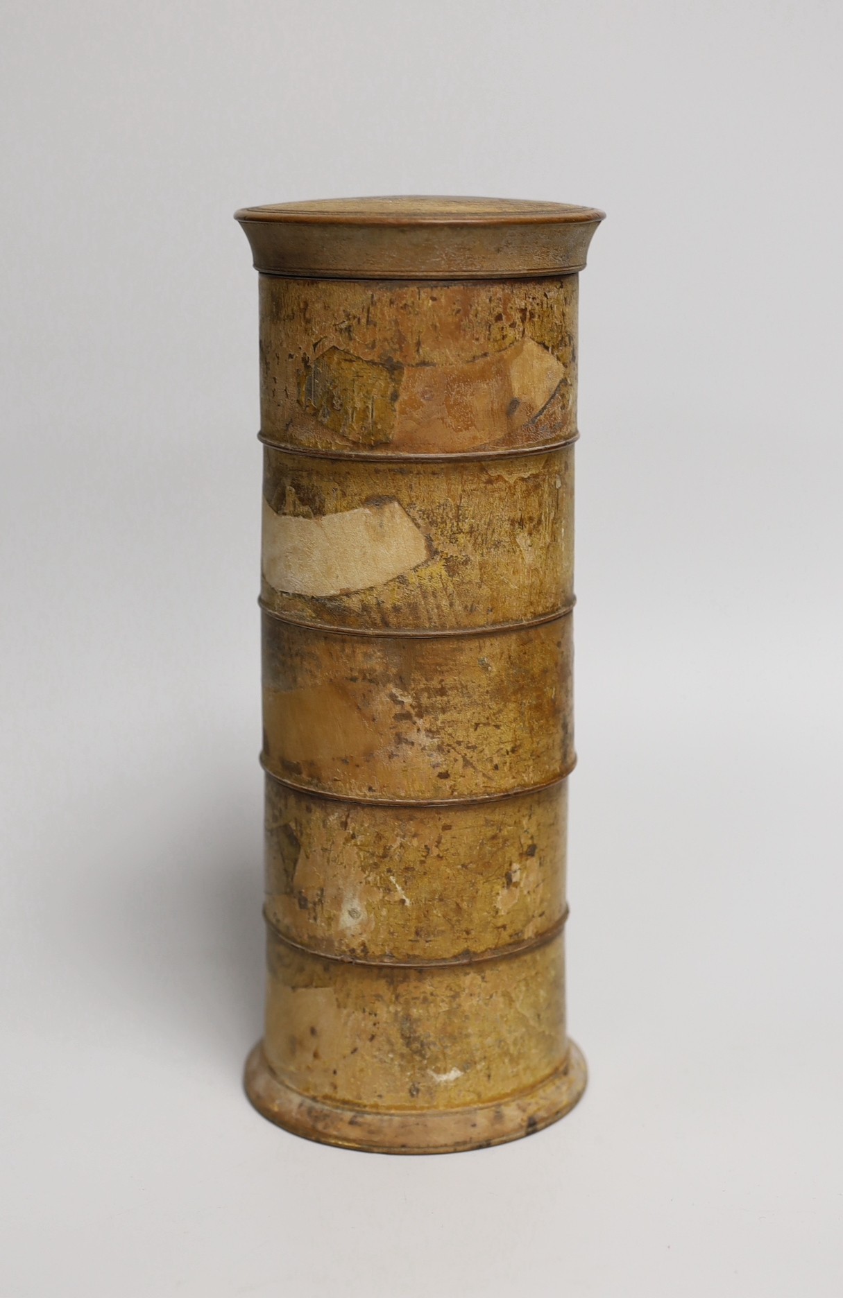 19th century and later treen including two mahogany candlestands, a spice tower and sycamore dish (6 - Image 7 of 7