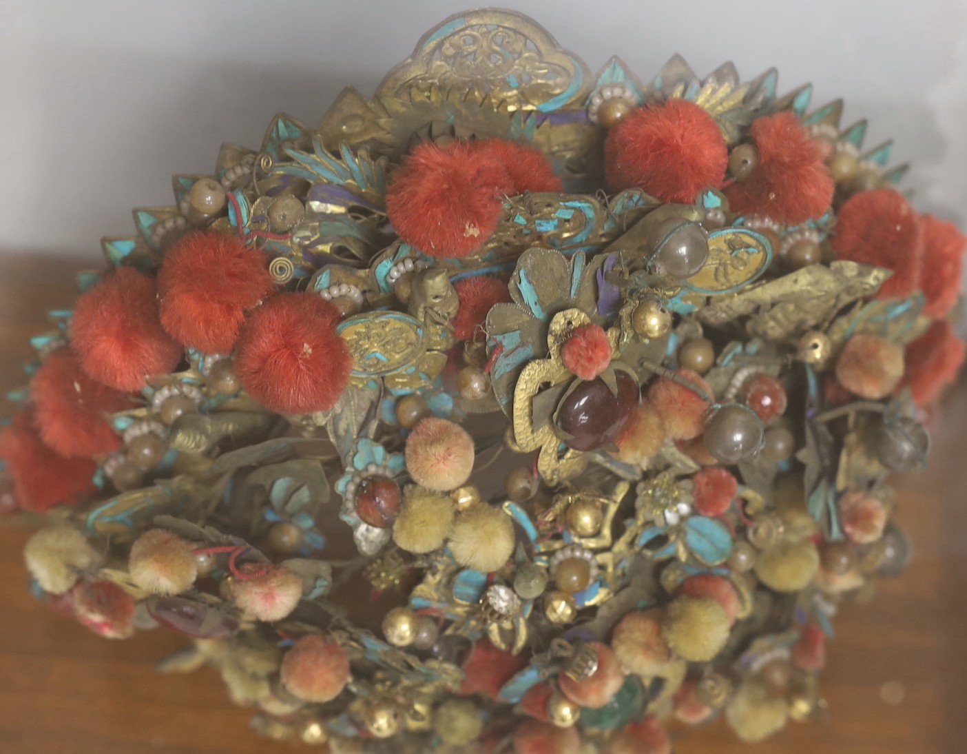 A Chinese gilt metal, kingfisher feather and glass mounted lady’s wedding headdress, late Qing - Image 3 of 4