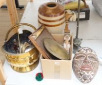 A dagger, various copper and brass wares, A Victorian helmet shaped coal scuttle and other