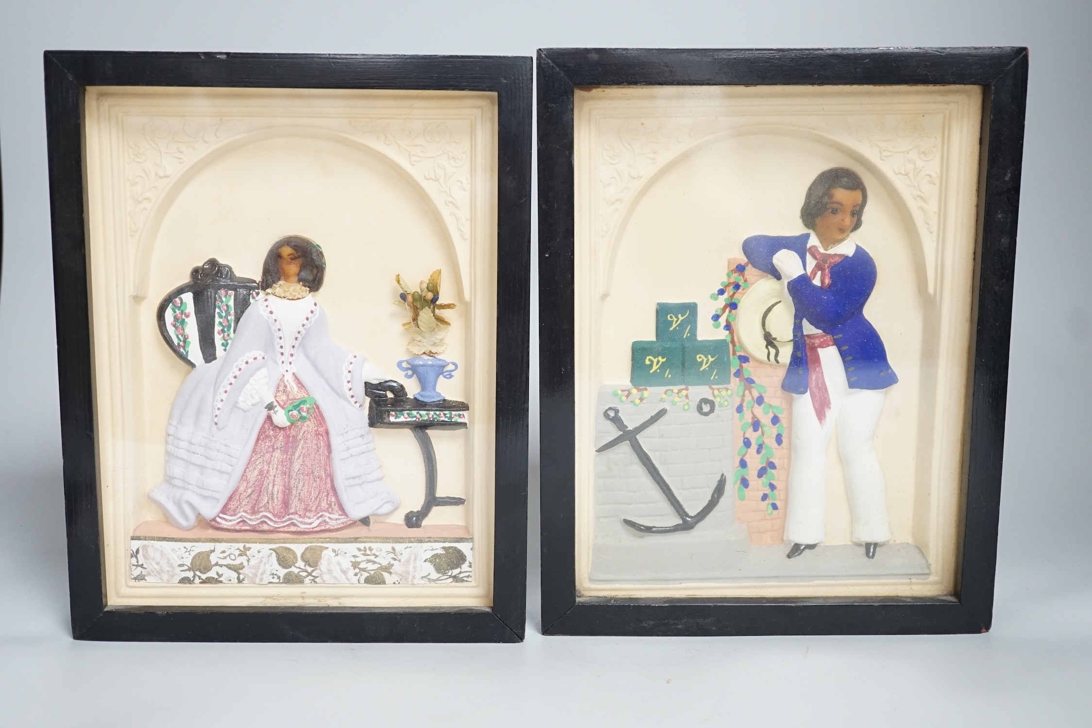 A pair of painted wax relief plaques, framed - Image 2 of 4