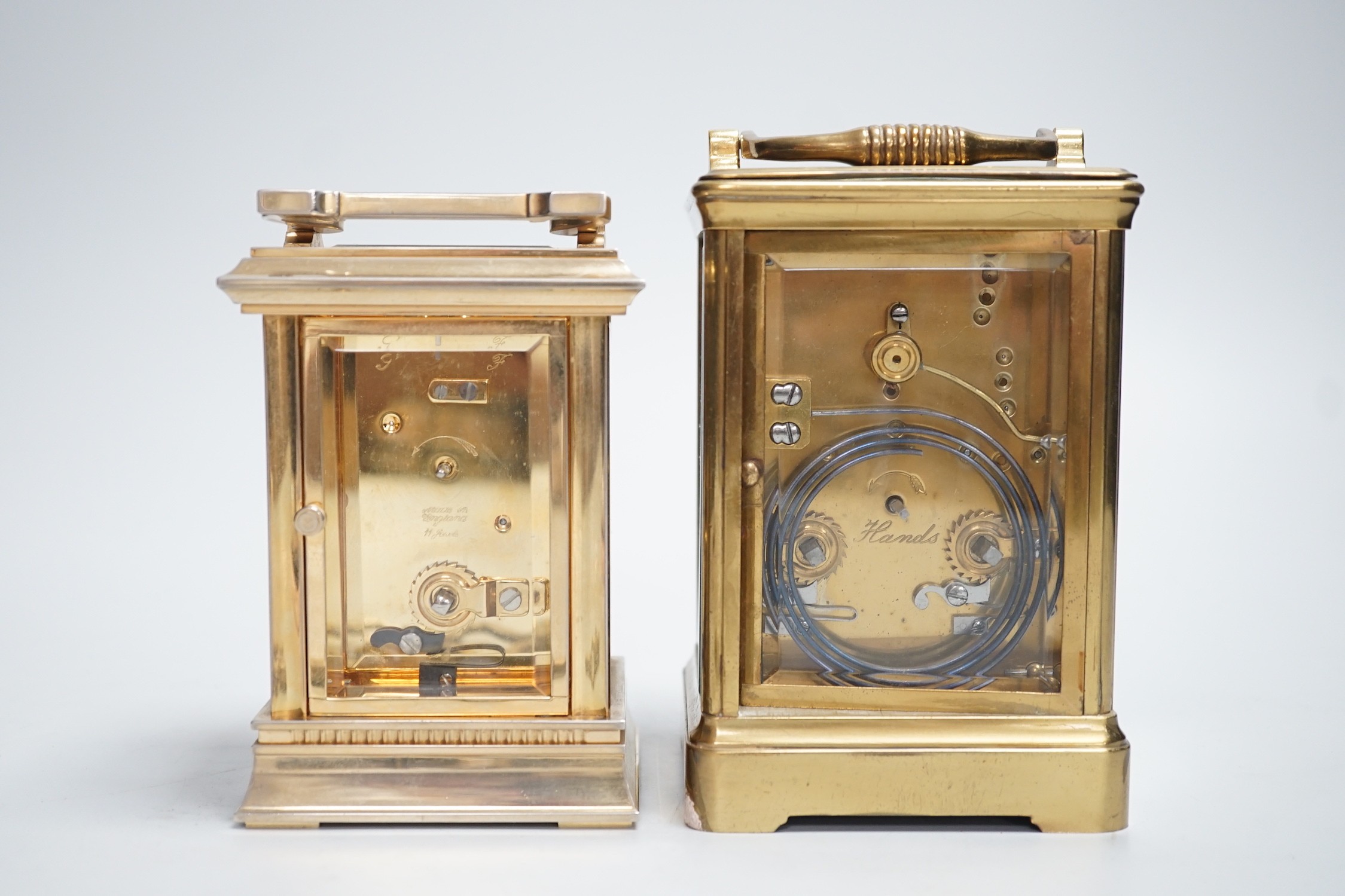 Two English brass carriage clocks with winding keys. Tallest 14.5cm - Image 4 of 8
