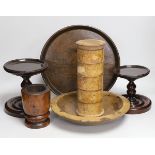 19th century and later treen including two mahogany candlestands, a spice tower and sycamore dish (6