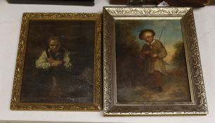 19th century English School, oil on canvas, Study of a boy angler, 24 x 19cm and an oleograph