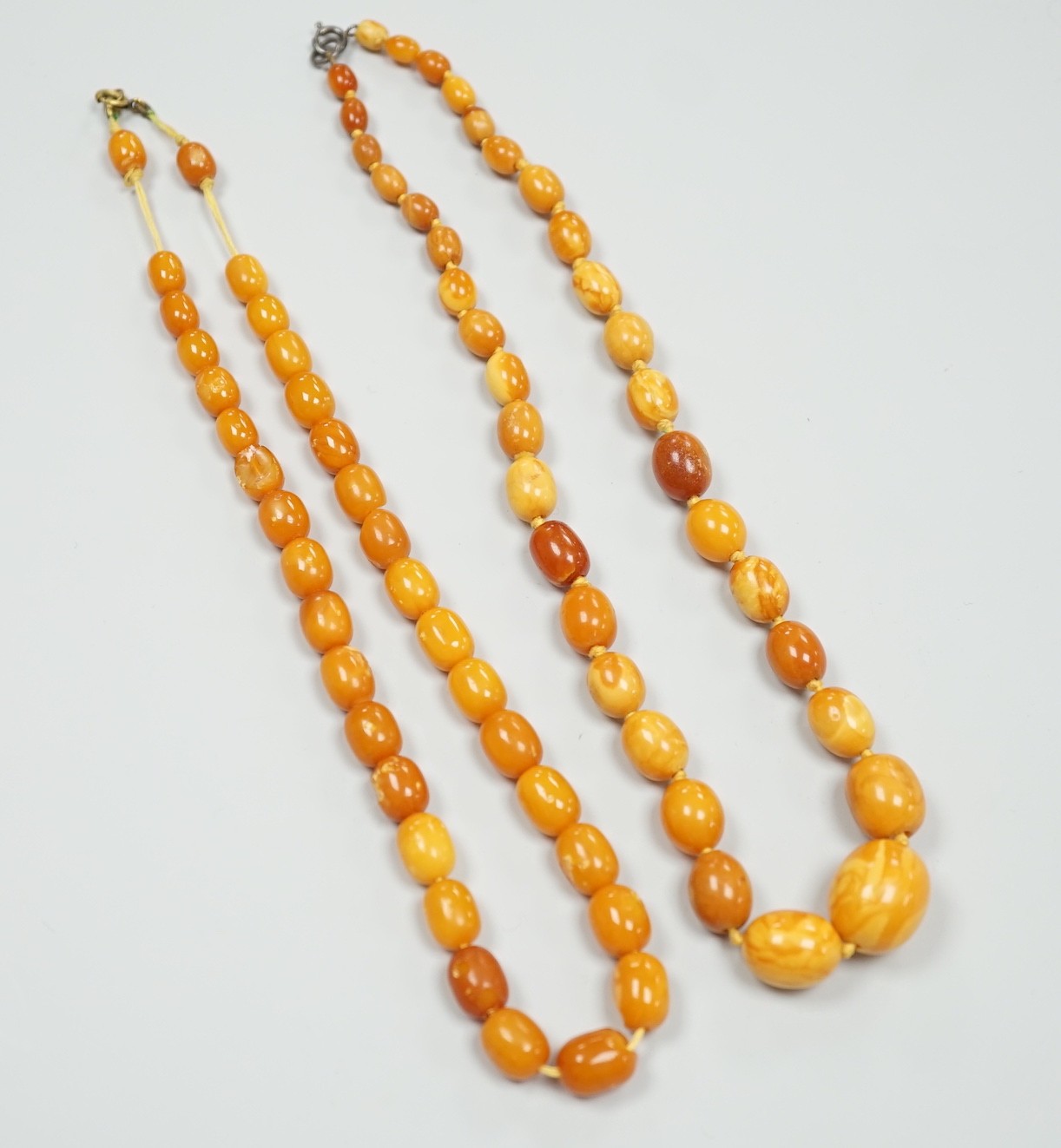 Two single strand graduated oval amber bead necklaces, one a.f., longest 43cm, gross weight 38 - Image 5 of 5