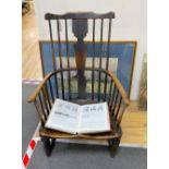 A mid 18th century West Country ash and elm Windsor armchair, (cut down), width 61cm, depth 41cm,