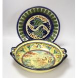 Barocco Valbonne - large painted dish, together with a Casa dos Oleiros Portugese plate, largest