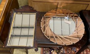 An Art Deco style circular peach and clear glass wall mirror, 50cm diameter and a George III fret