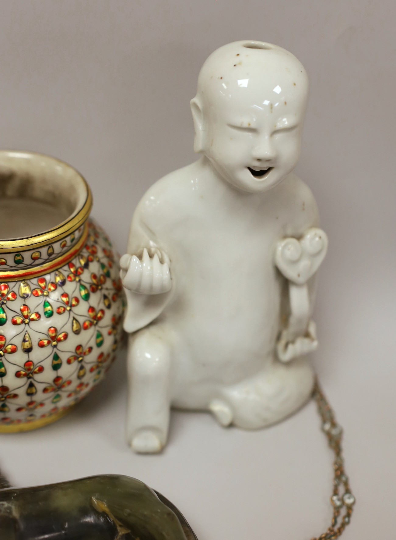 A 19th century Chinese pale celadon jade pendant a Chinese blanc de Chine figure, two soapstone - Image 5 of 5