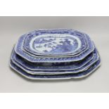 Seven late 18th century Chinese Export blue and white meat dishes, Ranging from 28 to 43. 5 cm wide