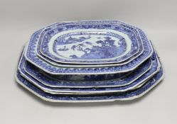 Seven late 18th century Chinese Export blue and white meat dishes, Ranging from 28 to 43. 5 cm wide