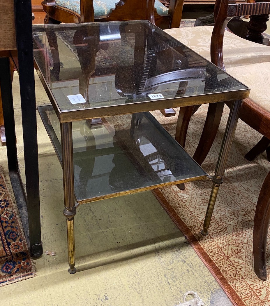 A Maison Janson style brass and glass two tier occasional table, width 46cm, depth 61cm, height