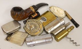 A 9ct gold cheroot holder together with a yellow metal mounted smokers pipe, various lighters and