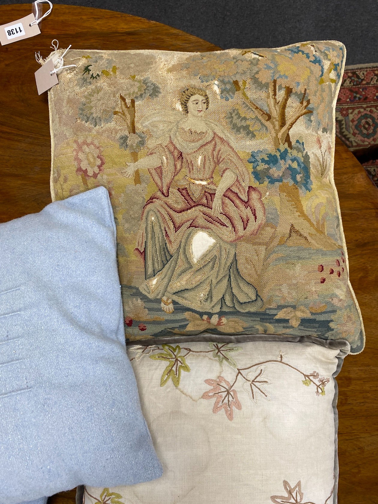 A 19th century petit point polychrome tapestry now as a cushion, 48cm x 46cm together with four - Image 4 of 4