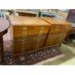 A near pair of mahogany and walnut military style chests of drawers, larger width 82cm, depth