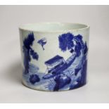 A Chinese blue and white inscribed brush pot. 15cm high