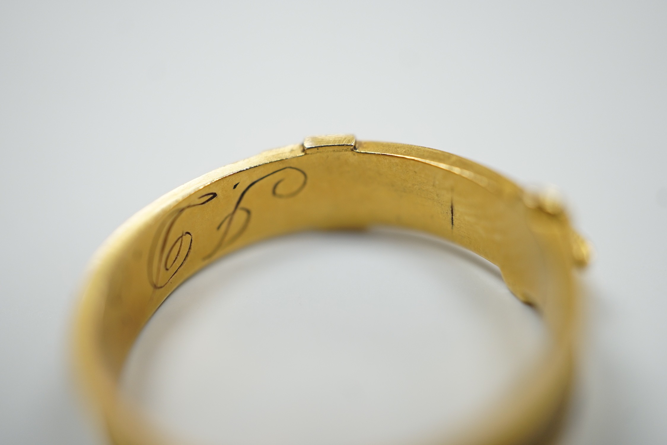 A 19th century yellow metal and plaited hair mourning band, modelled as a buckle, the shank interior - Image 6 of 6