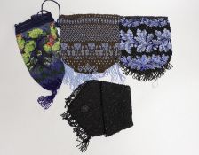 A mid 19th century finely knitted blue beaded bag, another similar later 19th century bag, a