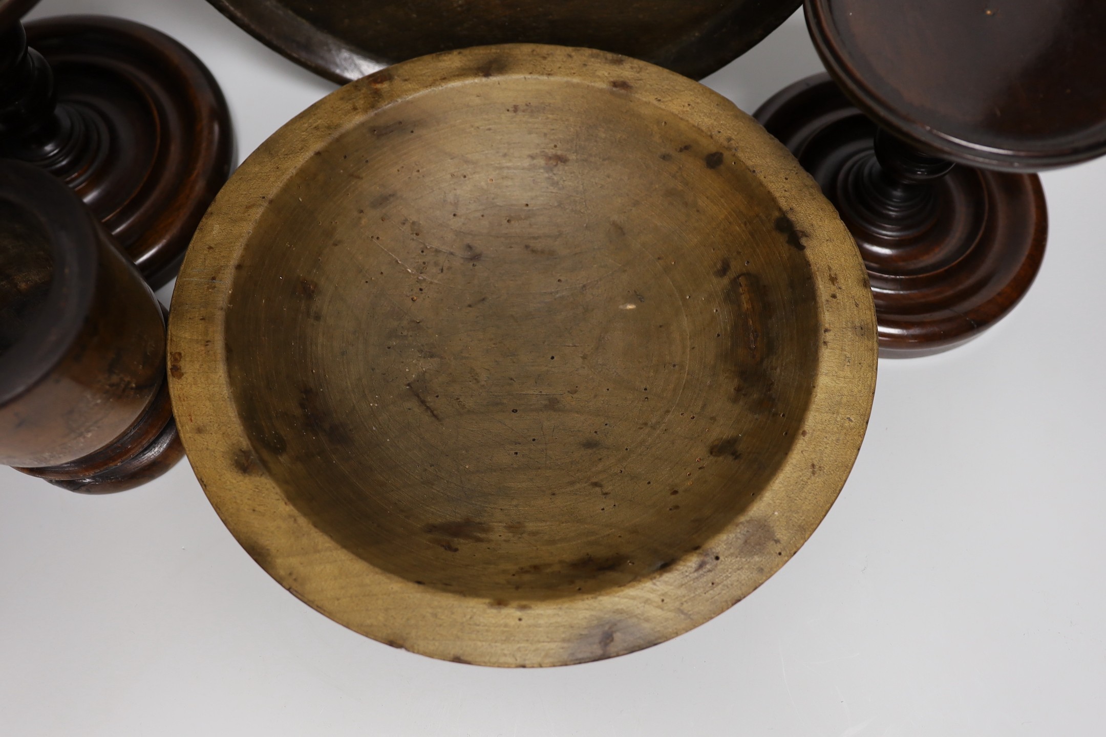 19th century and later treen including two mahogany candlestands, a spice tower and sycamore dish (6 - Image 2 of 7