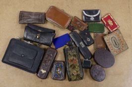 A large collection of unusual Morocco leather purses, bags and containers, some embossed and some
