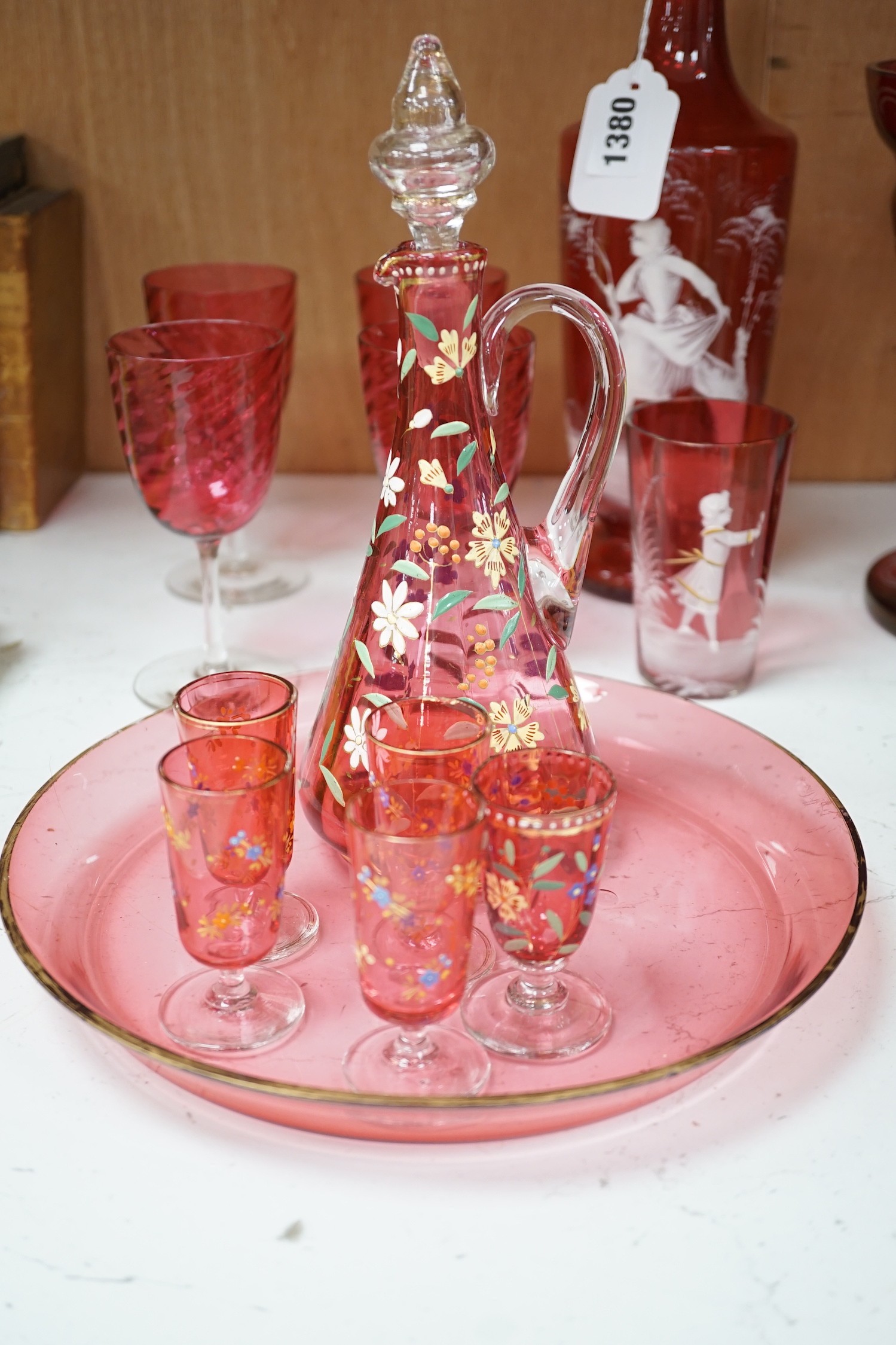 A collection of cranberry glass, a dump paperweight, another and a sweetmeat jar, tallest 28.5 cm - Image 2 of 10